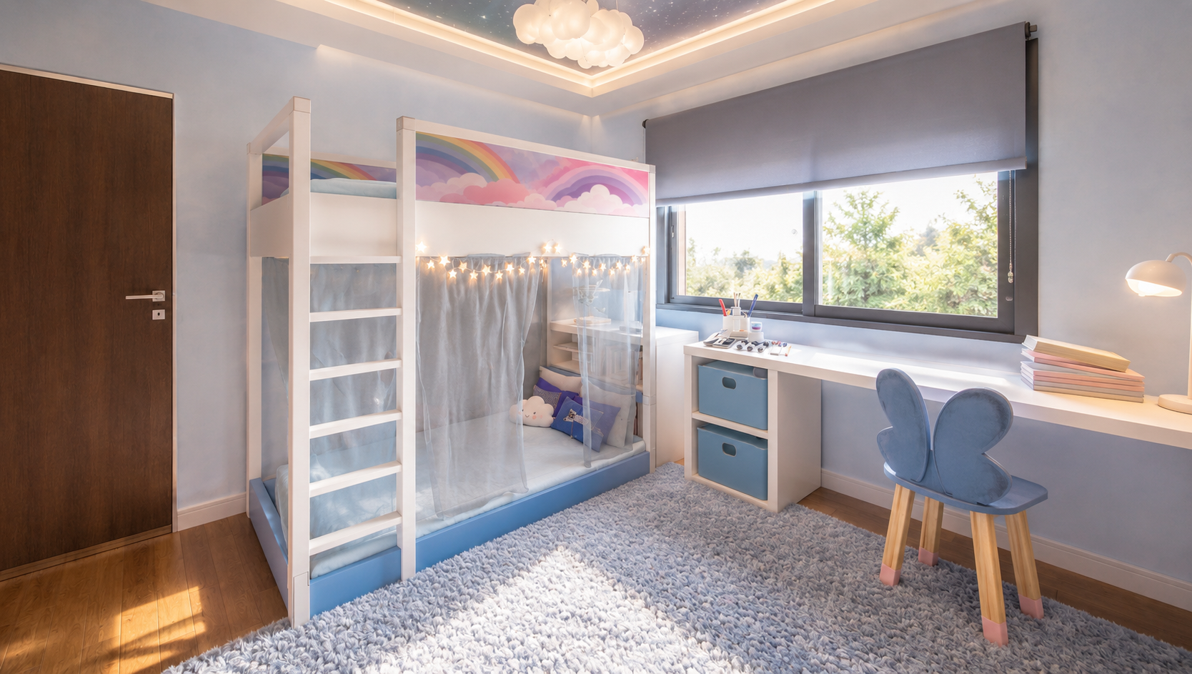 Child's bedroom with a white bunk bed under a rainbow cloud mural panel, string lights and voile curtain, a long white desk along the window with storage cubes and a blue butterfly chair on a shaggy rug