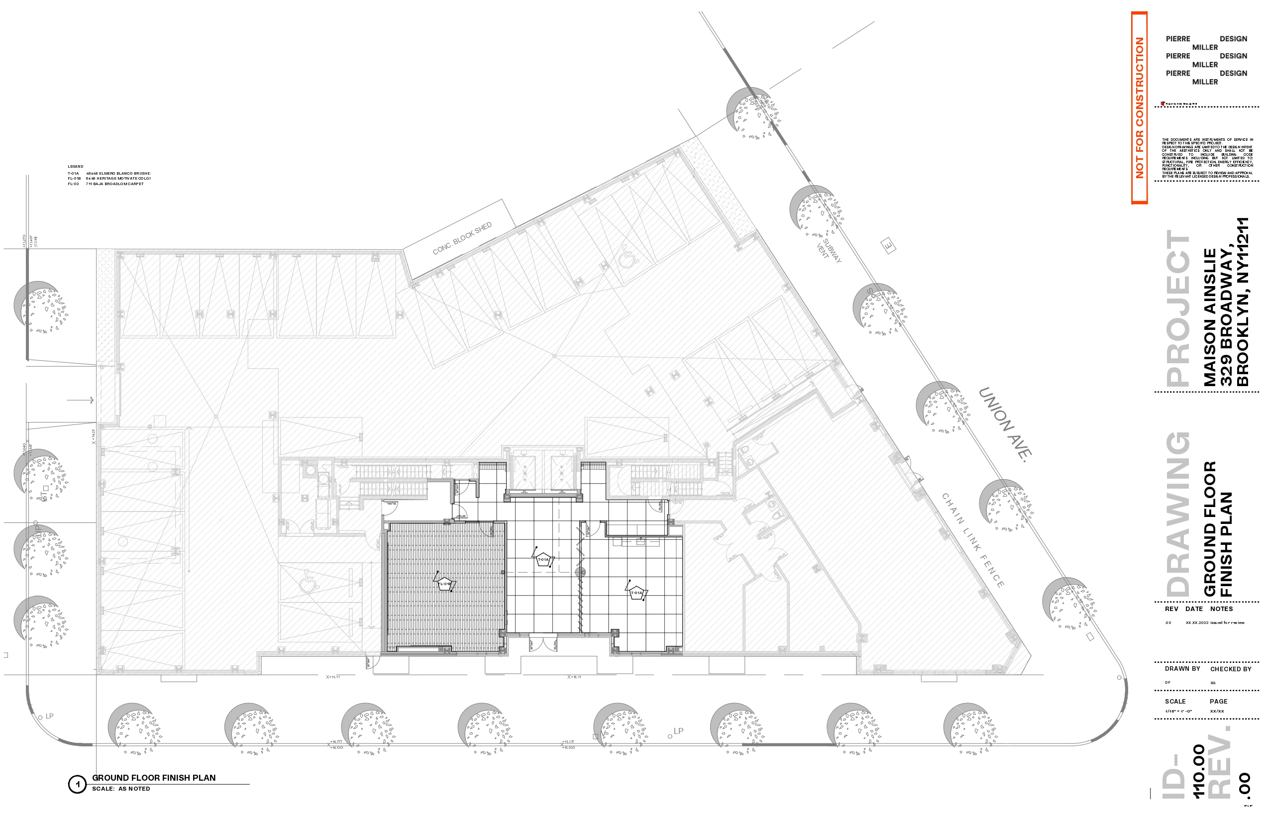 Ground floor finish plan for Maison Ainslie with hatched floor finish zones, a finish legend and tagged material callouts across the lobby and circulation areas