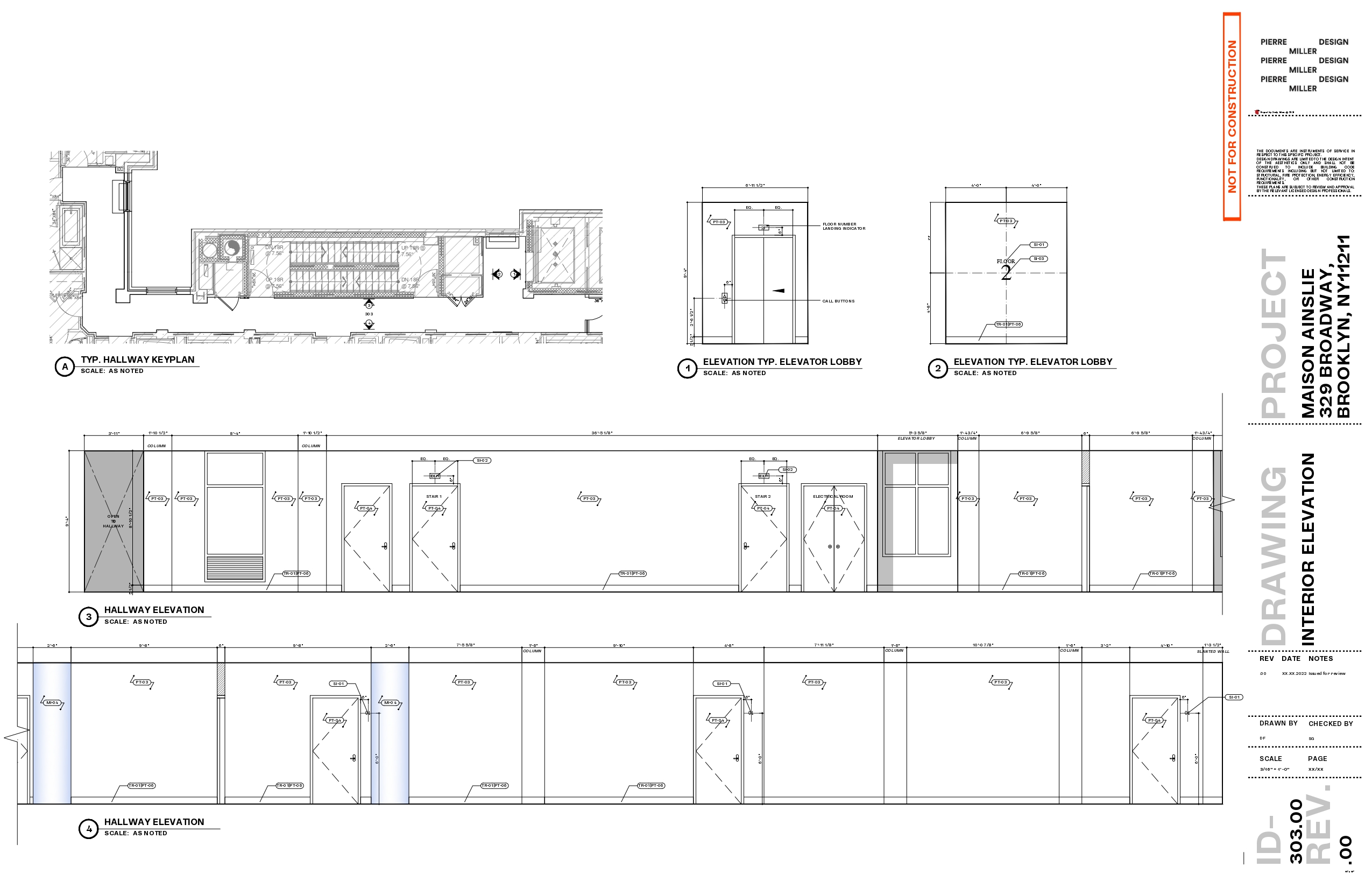 Typical hallway interior elevations with a keyplan, elevator lobby elevations and long corridor elevations tagging apartment doors, stair and electrical room doors