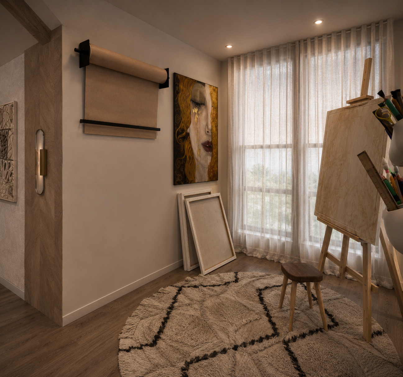 Attic art studio corner with a timber easel, wall-mounted paper roll, stacked blank canvases, a gilded portrait and sheer curtains filtering daylight over a Berber rug
