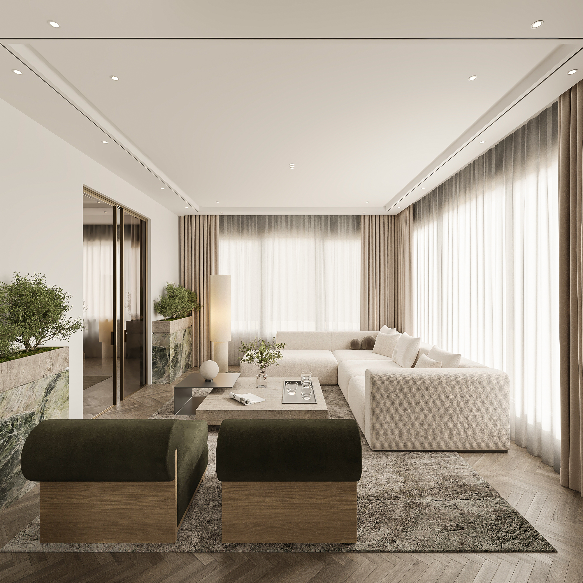 Living room with an ivory bouclé sectional, olive velvet benches, travertine coffee table, alabaster floor lamp and layered sheer and linen curtains across full-height glazing