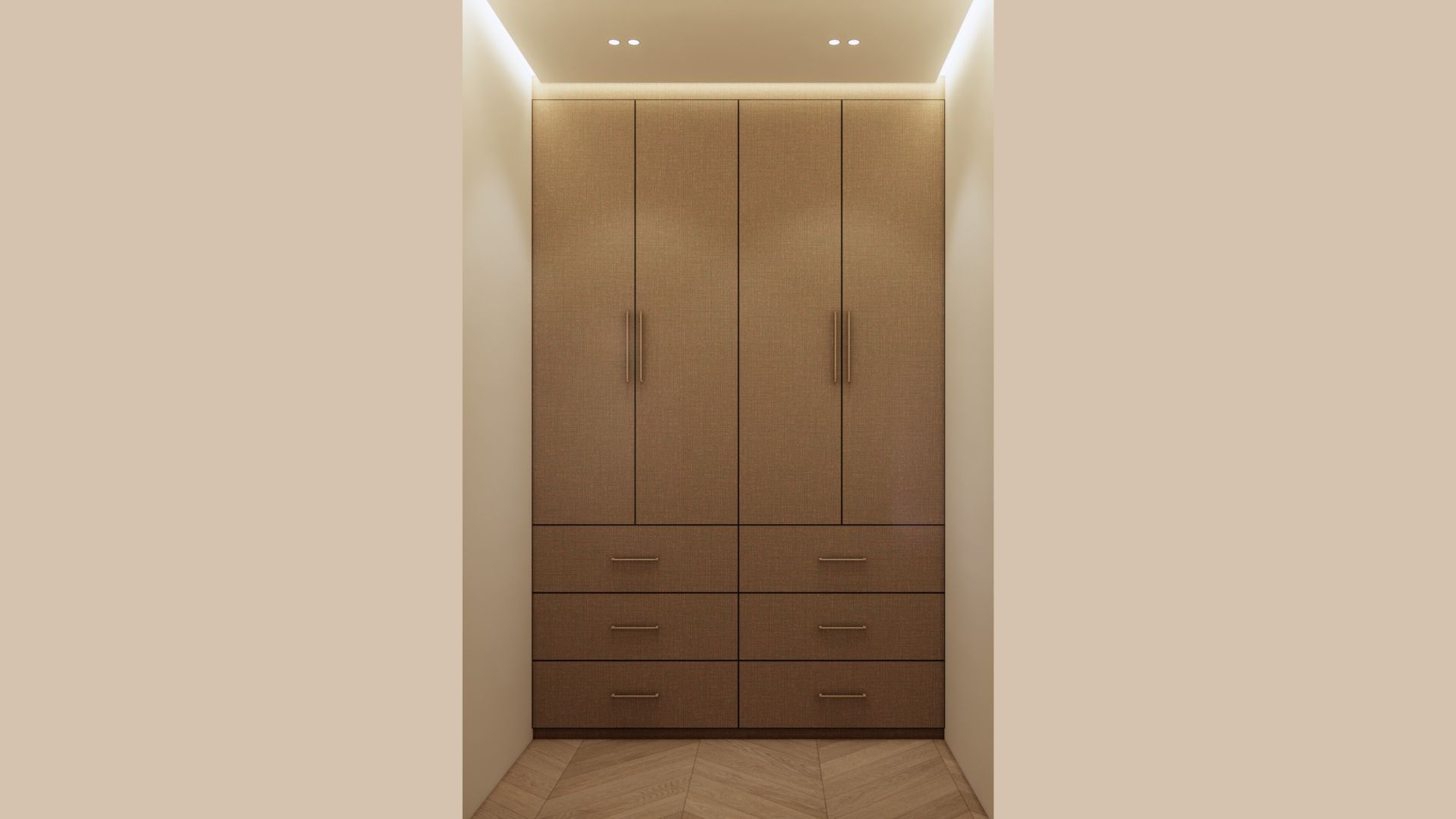 Wardrobe elevation in taupe linen-textured joinery with slim brushed handles, full-height doors over six drawers, cove lighting above and herringbone flooring