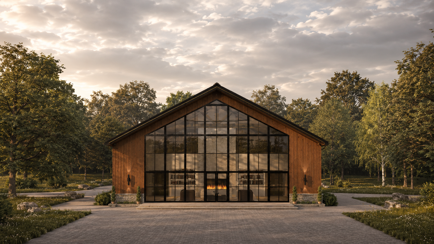 Symmetrical front elevation of the timber-clad synagogue at golden hour, its steep gable filled with a black steel-framed glass wall, a linear fire glowing inside, stone plinths, clipped hedging and a paved forecourt