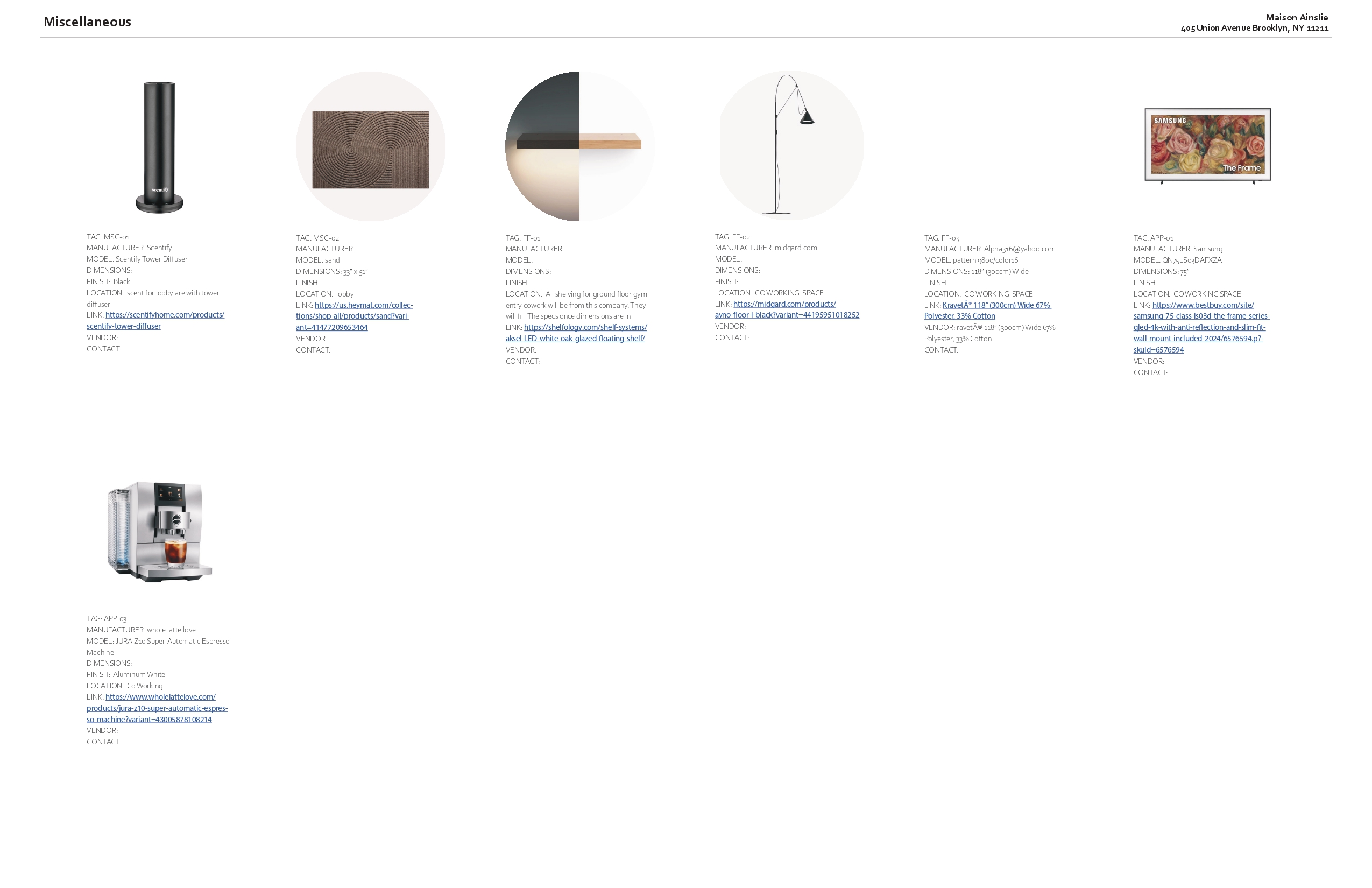 Miscellaneous specifications sheet with a black scent diffuser, sand-toned wall relief, white oak floating shelf, black floor lamp, co-working rug, a framed television and an espresso machine