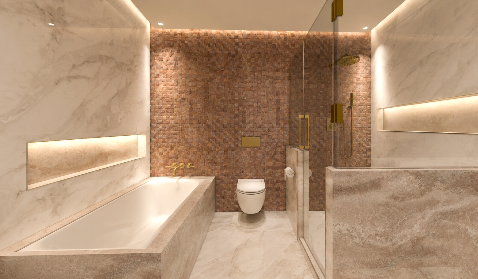 Bathroom with a bronze mosaic feature wall, marble-clad bath with brass wall filler, wall-hung WC, long backlit stone niches either side and a glass shower enclosure with brass rainhead