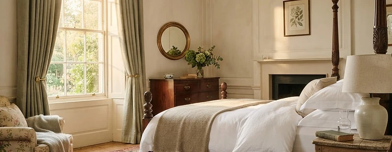 Country house bedroom at Dovecliff Hall with linen sheets and morning light