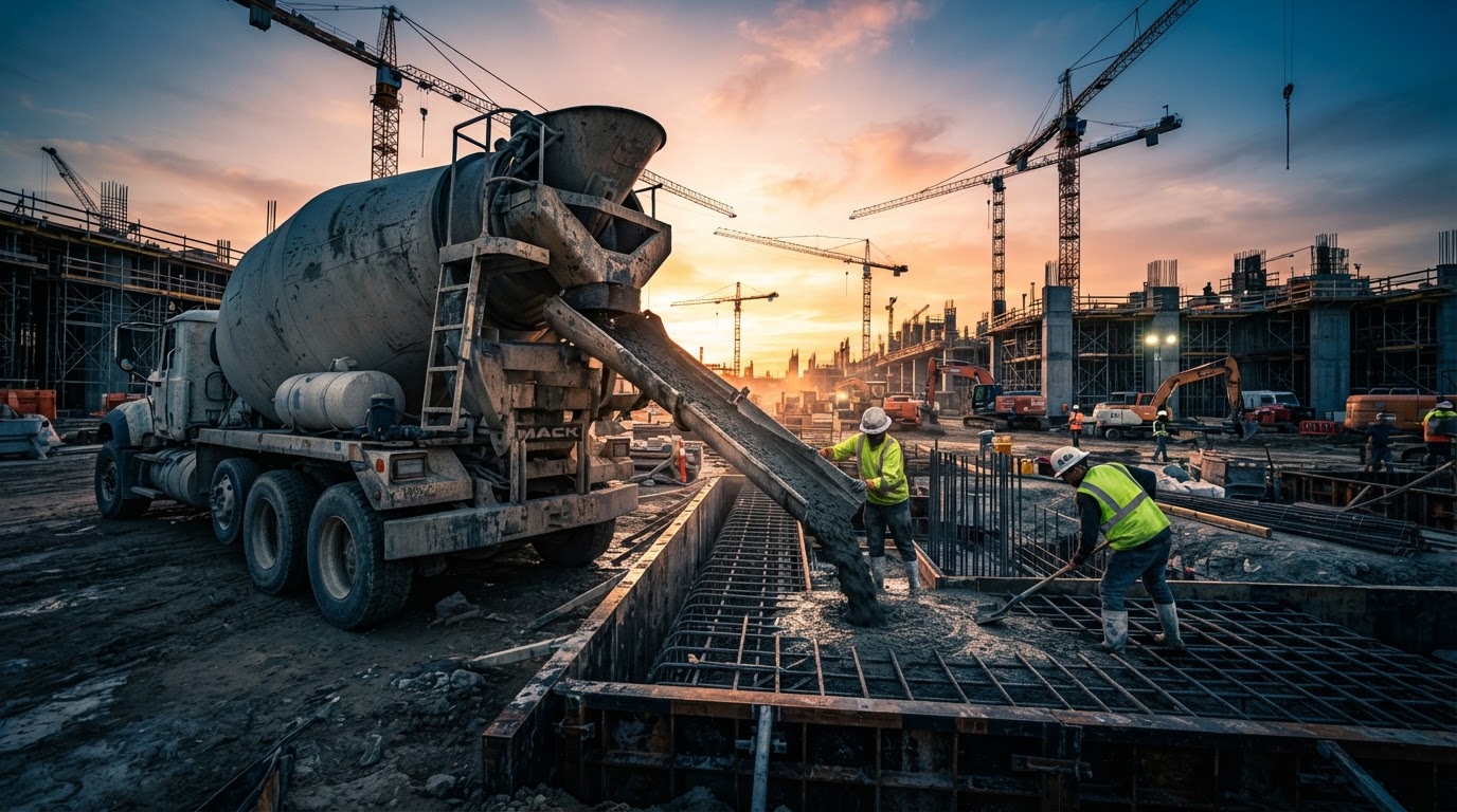 Caminhão betoneira lançando concreto em obra ao fim do dia