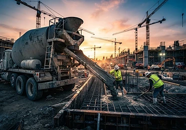 Caminhão betoneira lançando concreto em obra ao fim do dia