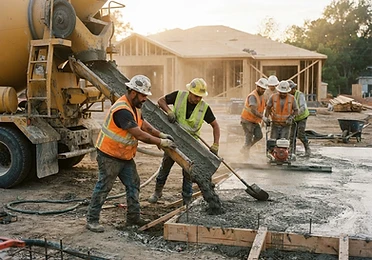 Equipe de obra durante a concretagem de uma residência