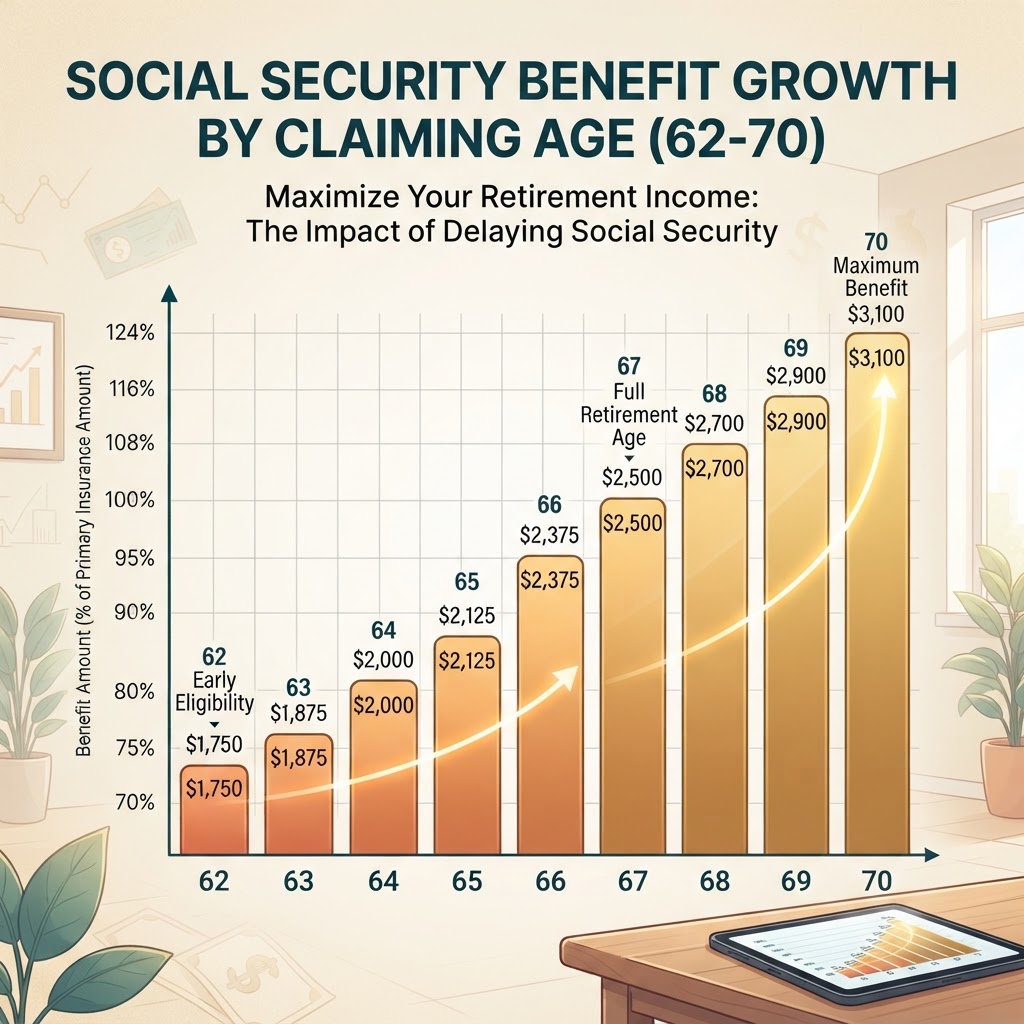 Chart illustrating Social Security benefit growth from age 62 to age 70