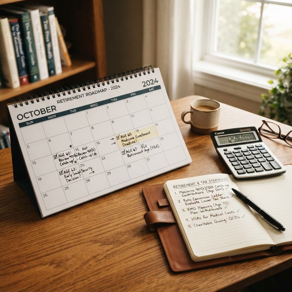 Calendar and tax planning documents on desk highlighting retirement milestones