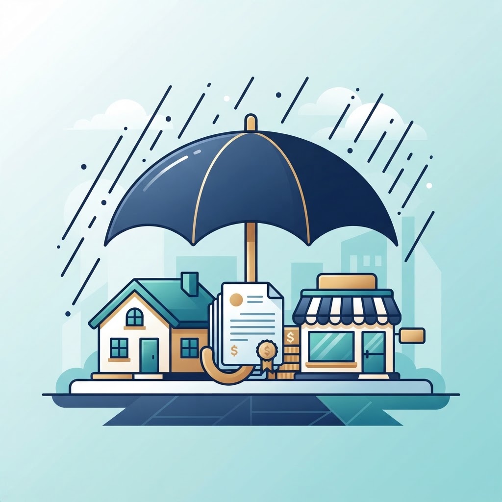 A stylized umbrella protecting assets like a house, documents, and a business from rain