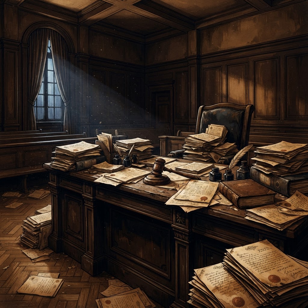 A courtroom scene with scattered legal documents and a gavel symbolizing a decades-long estate battle