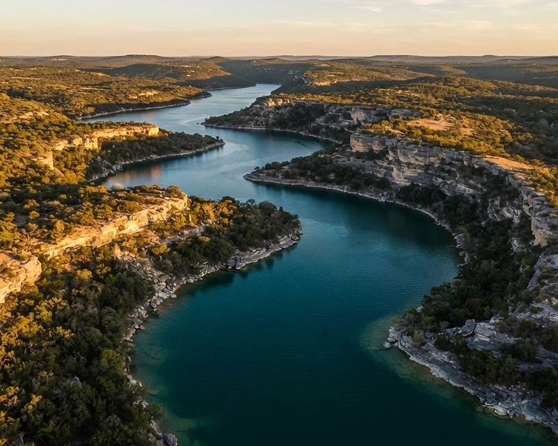 Aerial drone shot of Lake Travis, Texas at golden hour