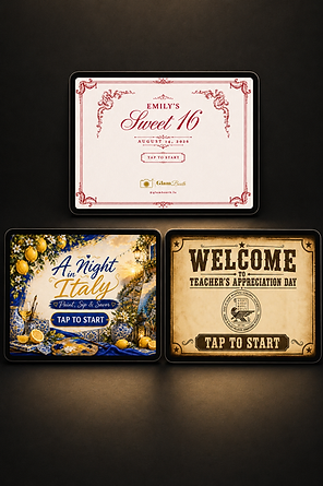 Collection of personalized GlamBooth photo-booth welcome screens.