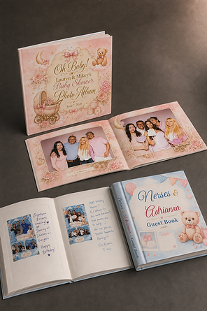 Custom GlamBooth photo album and guestbook with printed photos and handwritten messages.