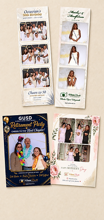 Collection of custom GlamBooth 2×6 photo strips and 4×6 print designs.