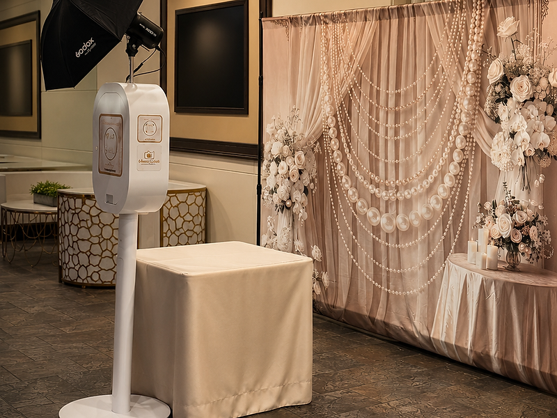 GlamBooth luxury photo booth setup with a blush floral backdrop at a Los Angeles event
