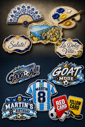 Custom Amalfi-inspired and soccer-themed GlamBooth photo-booth prop collections.