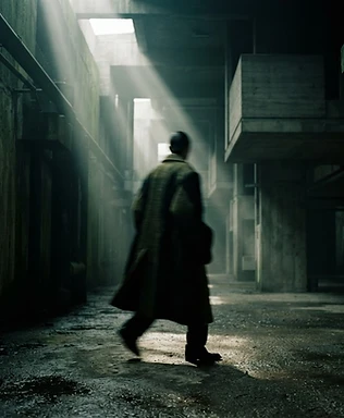 Blurred silhouette in a brutalist concrete hallway