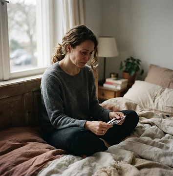 Woman sitting alone near a window, contemplating a fertility journey