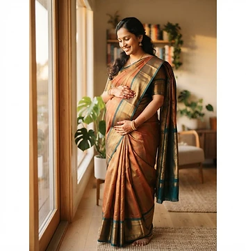 Pregnant Indian mother-to-be in warm natural light, hand resting on her belly