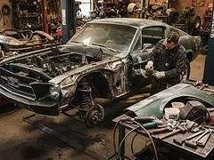Classic muscle car mid-restoration in a workshop