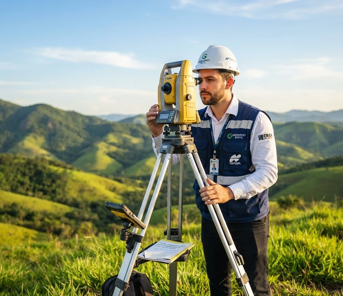 Topógrafo profissional da Geovant em trabalho de campo