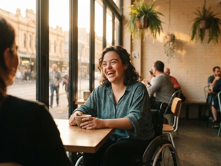 Person laughing joyfully in a Melbourne cafe, celebrating independence