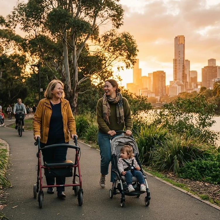 Two people walking together along Melbourne's Yarra River, celebrating community
