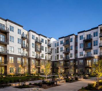 Modern multifamily apartment building courtyard across New England