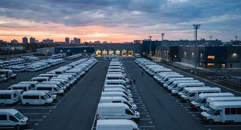 Rows of unbranded white transit vans parked at a fleet depot at dawn