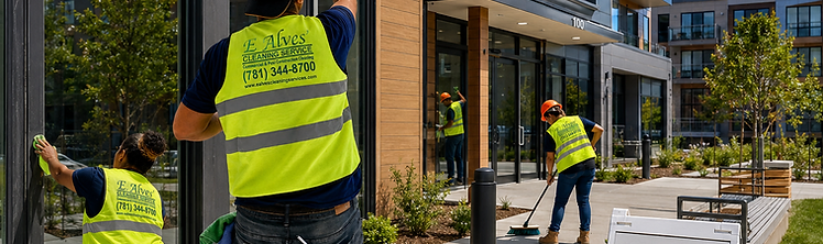 E. Alves Cleaning Service crew performing exterior cleaning on a modern multifamily building