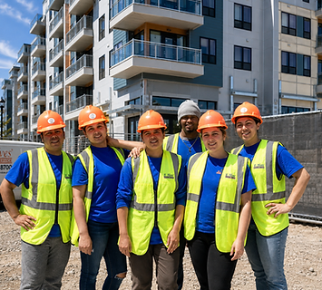 E. Alves Cleaning Service crew posing at a multifamily construction site in branded safety vests