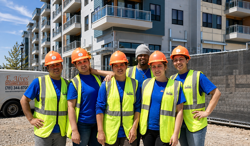 E. Alves Cleaning Service crew at a multifamily construction site in branded safety vests
