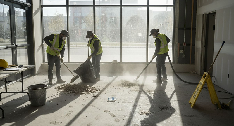 Construction cleanup crew clearing debris on a site