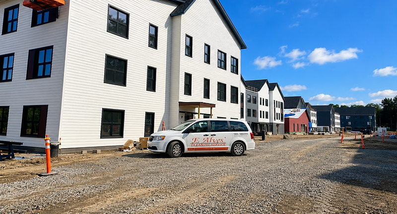 E. Alves Cleaning Service van at a multifamily construction site