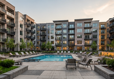 Completed apartment courtyard pool area after final clean