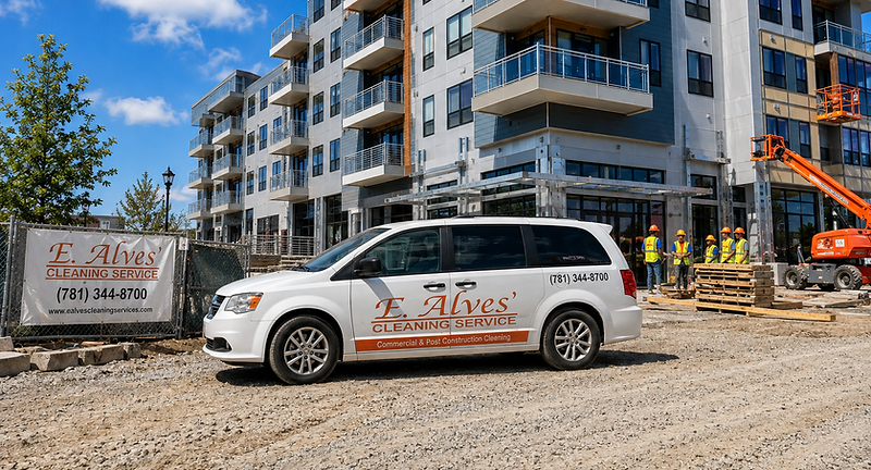 E. Alves Cleaning Service van and crew at a multifamily construction site
