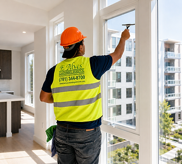 E. Alves Cleaning Service worker cleaning a floor-to-ceiling window in a completed apartment unit