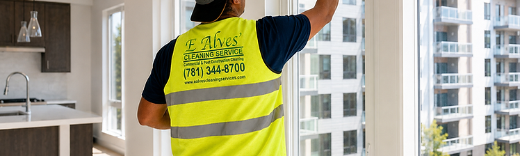 E. Alves cleaner washing a floor-to-ceiling window in a new apartment