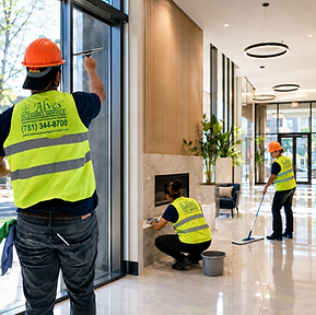 E. Alves Cleaning Service crew performing post-construction cleaning in a modern apartment lobby