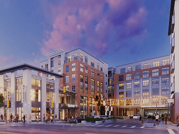 The Abby apartment complex at twilight