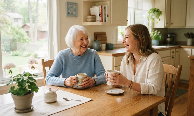 Two adults sharing a warm conversation over coffee at a sunlit kitchen table