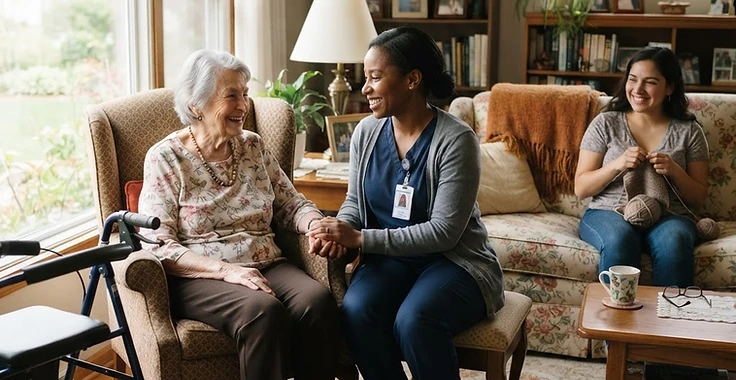 A caregiver providing in-home support services to an elderly woman in a sunlit Minnesota living room
