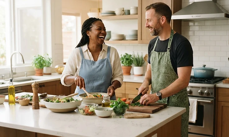 Two adults preparing a meal together in a bright, modern kitchen