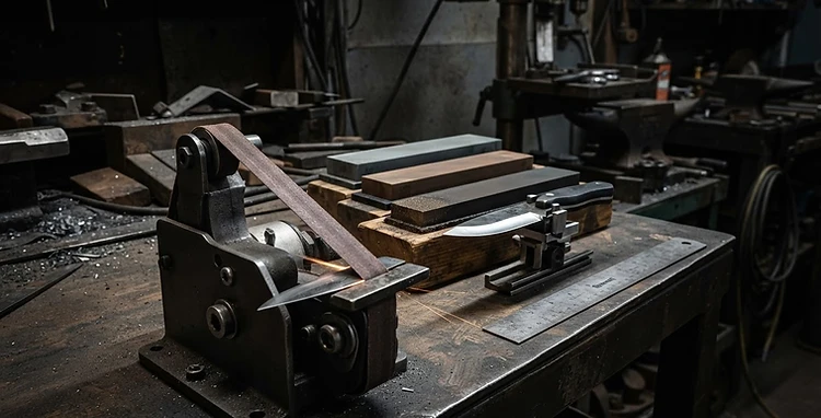 Professional sharpening stones and equipment arranged on a workbench