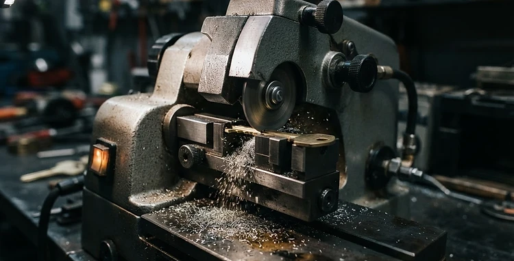 Precision key-cutting machine in action with fine metal shavings