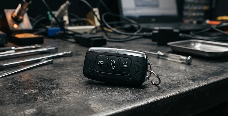 Automotive key fob resting on a professional locksmith workbench