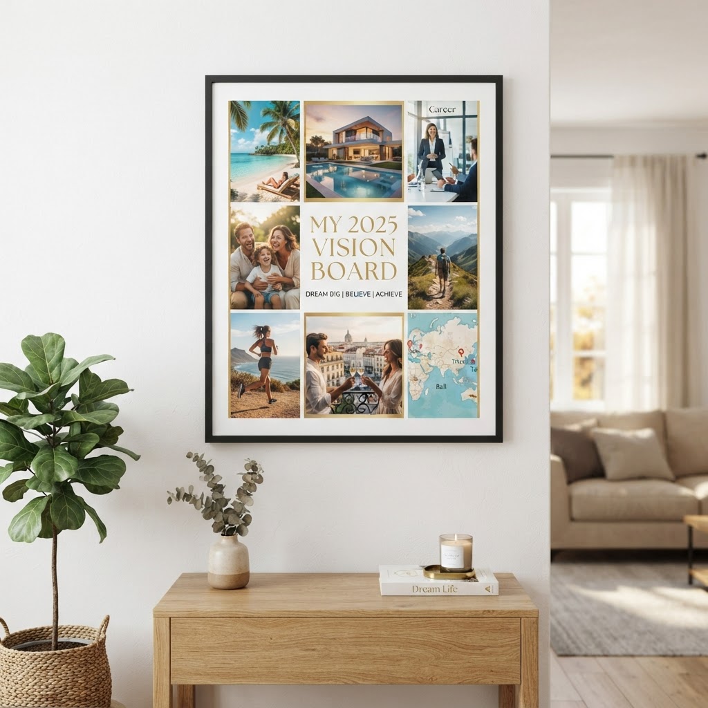 Framed vision board poster in a warm minimalist home interior